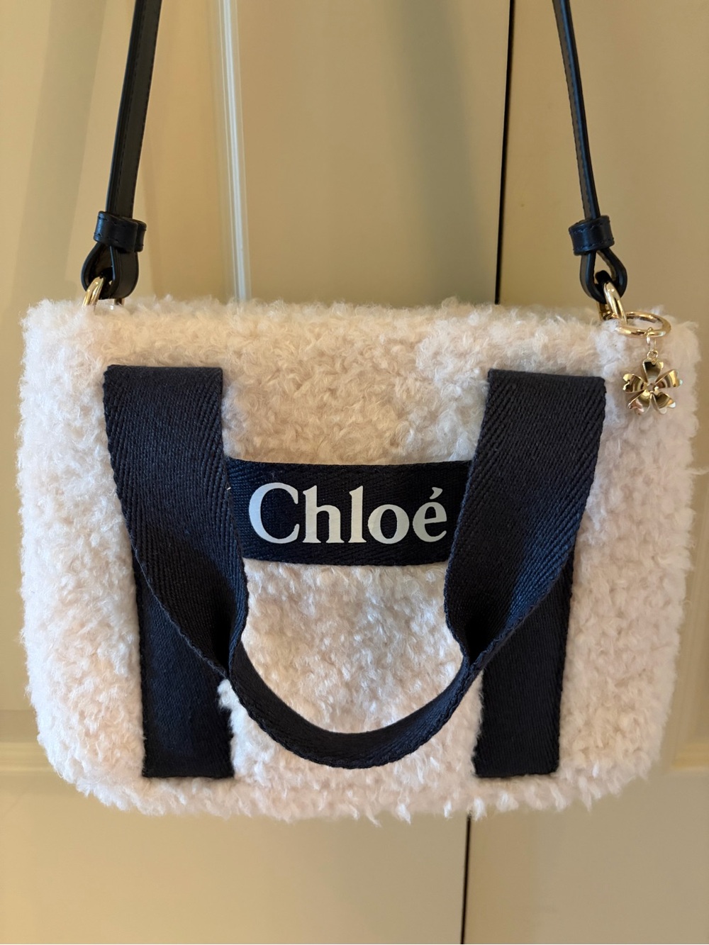 Chloe Woody Small Faux Shearling Tote in Cream and Navy
